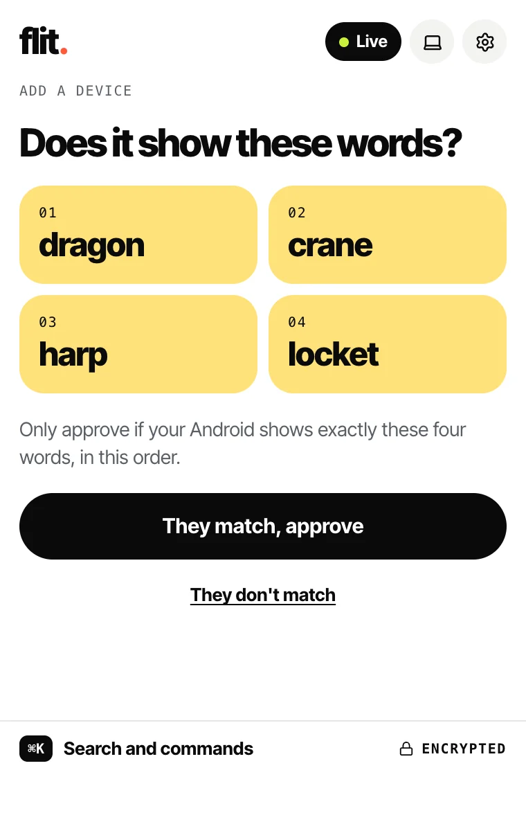 Approving a new device: the screen asks whether the new device shows the same four words.